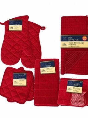 Home Collection Red Kitchen Linen Set - Oven Mitts, Pot Holders & Drying Mat